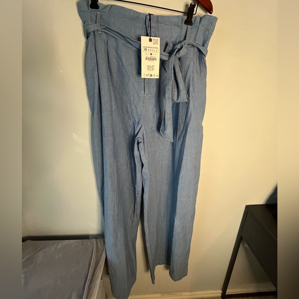 Zara Light Blue Paperbag Waist Trousers with Tie